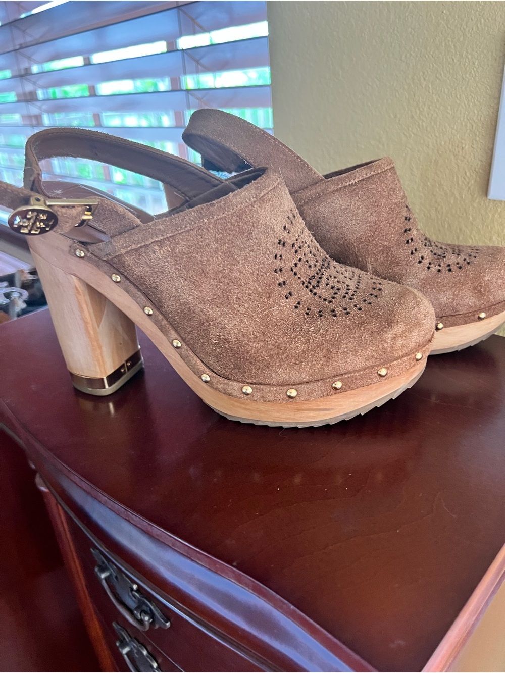 Tory Burch Suede Studded Slingback Clog Heels - Brown